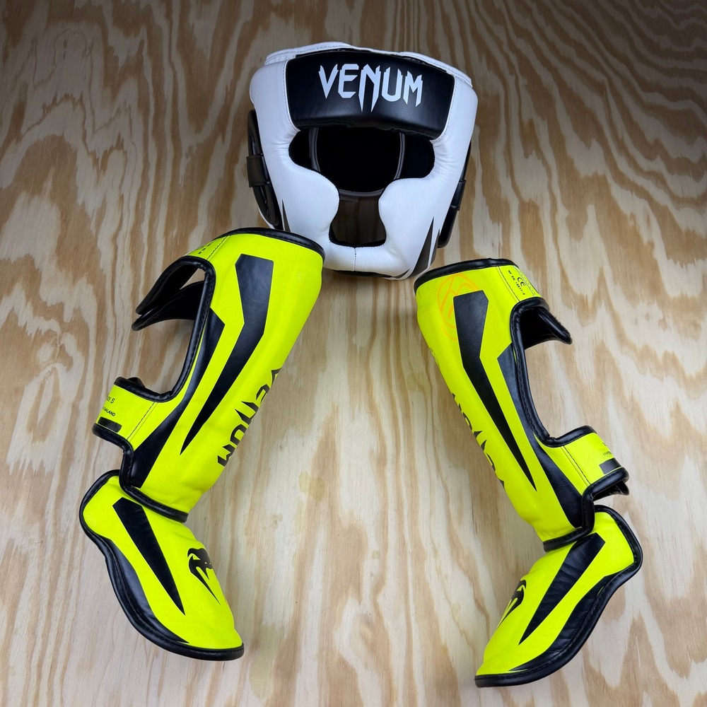 Venum Kids Martial Arts Set Neon Yellow Shin Guards Small & S/M Headgear White